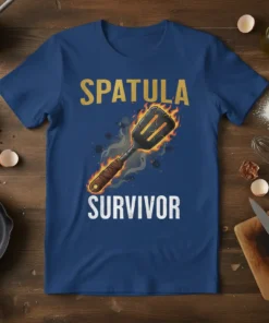 Spatula Survivor t-shirt design with a flaming spatula graphic and bold text for grill masters and chefs