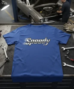 Blue t-shirt with the word "Speedy" in a stylized, metallic font with motion blur effect