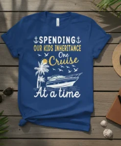 Spending Our Kids Inheritance One Cruise At a Time text design on a navy t-shirt, featuring a boat, palm trees