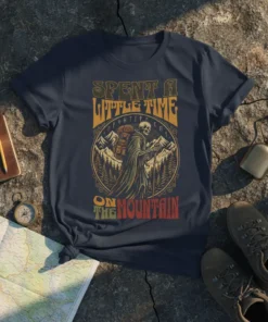 Spent A Little Time On The Mountain t-shirt with a skeleton hiker in a circular design, mountains, and trees