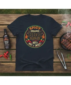 Spicy Organic BBQ Sauce Hot & Sweet T-Shirt design with chili peppers and flames