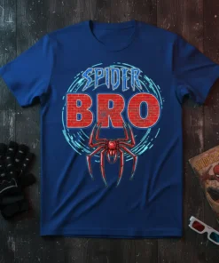 SPIDER BRO text design with a red spider graphic on a blue t-shirt