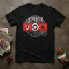Black t-shirt with "Spider Mom" design featuring Spider-Man web graphics and iconic spider logos