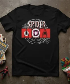 Black t-shirt with "Spider Mom" design featuring Spider-Man web graphics and iconic spider logos