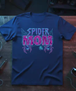 Spider Mom graphic t-shirt with neon circuit board design and spider graphics