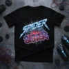 Spider Sister text design with a spider graphic on a black t-shirt, featuring blue and red lettering