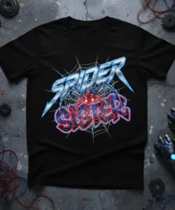 Spider Sister text design with a spider graphic on a black t-shirt, featuring blue and red lettering