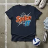 Navy blue t-shirt with "Spike IT" text and volleyball graphic, designed for volleyball players and fans