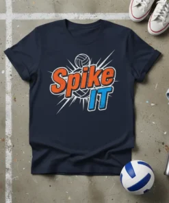 Navy blue t-shirt with "Spike IT" text and volleyball graphic, designed for volleyball players and fans