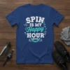 Spin Is My Happy Hour T-Shirt with white and teal distressed typography and gear graphic