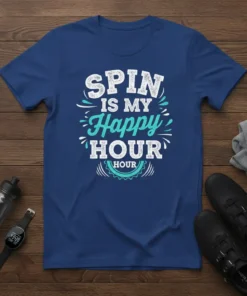 Spin Is My Happy Hour T-Shirt with white and teal distressed typography and gear graphic