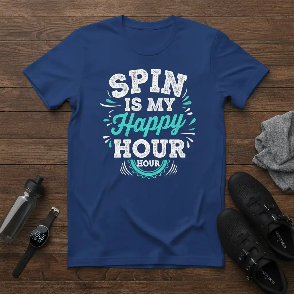 Spin Is My Happy Hour design with distressed typography and a gear graphic on a blue t-shirt