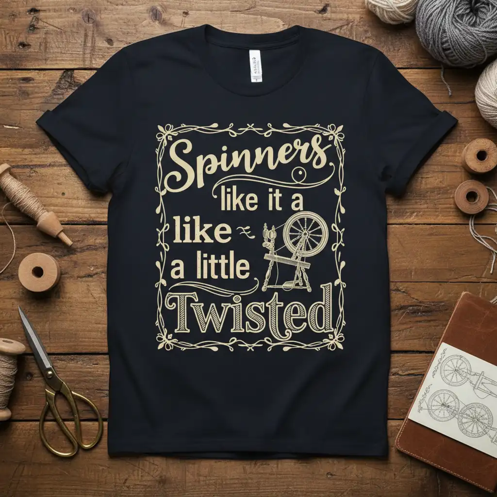 Spinners like it a like a little Twisted quote t-shirt with spinning wheel graphic and floral border