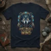 Spirit Walker of the Northern Wind t-shirt featuring a fierce wolf head design with tribal accents and golden text