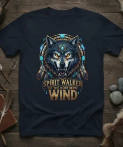 Spirit Walker of the Northern Wind t-shirt featuring a fierce wolf head design with tribal accents and golden text