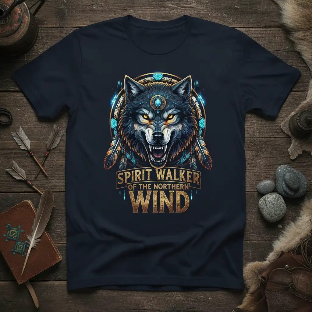 Spirit Walker of the Northern Wind wolf graphic tee with bold text and tribal elements