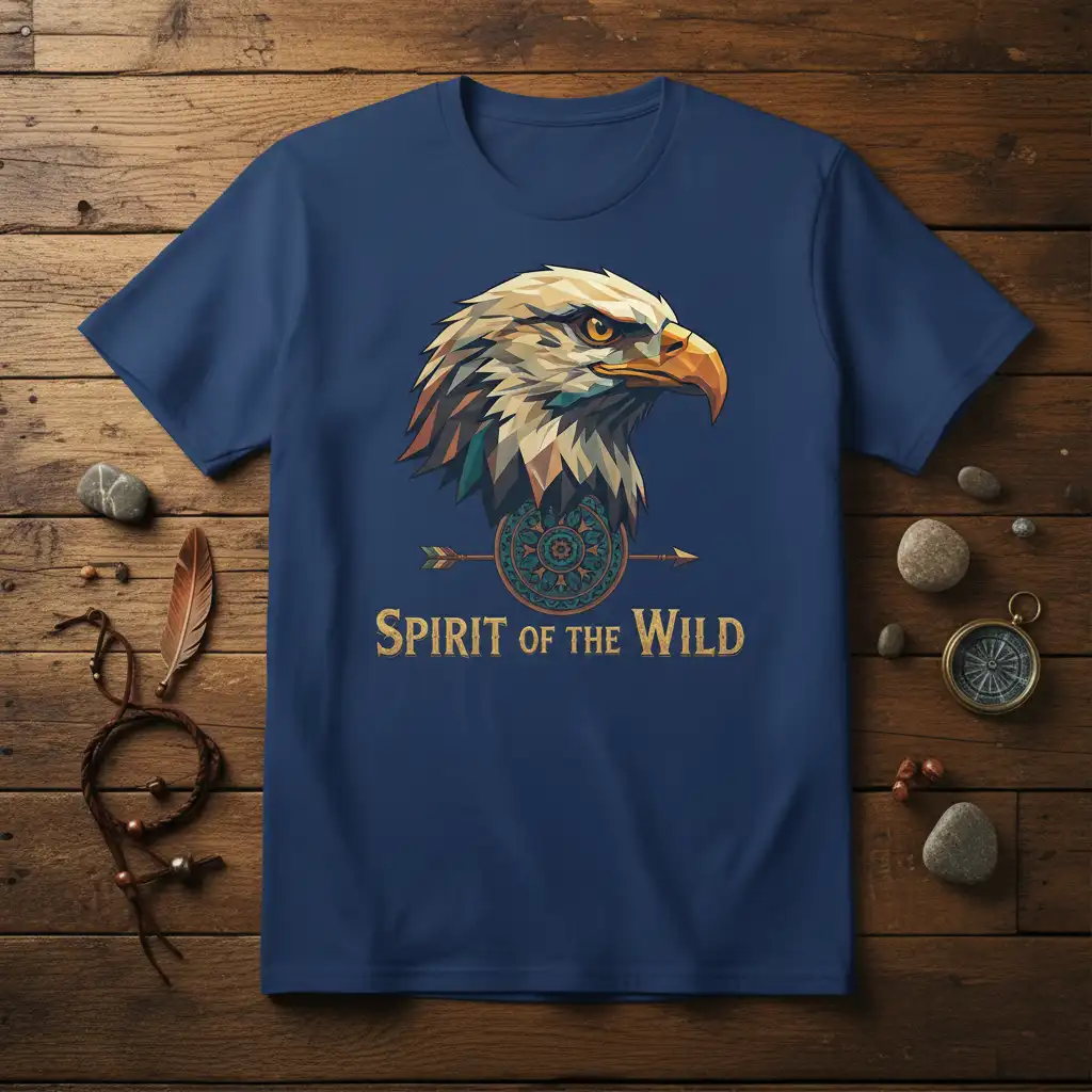 Spirit of the Wild text with a geometric eagle head and tribal arrow design on a t-shirt