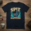 Spit Happens t-shirt featuring a blue llama spitting water, with bold text above and below