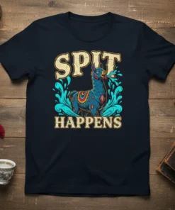 Spit Happens t-shirt featuring a blue llama spitting water, with bold text above and below