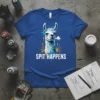 Spit Happens text with a cool llama graphic, featuring artistic splatters and smoke detail on a blue t-shirt