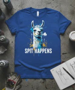 Spit Happens text with a cool llama graphic, featuring artistic splatters and smoke detail on a blue t-shirt