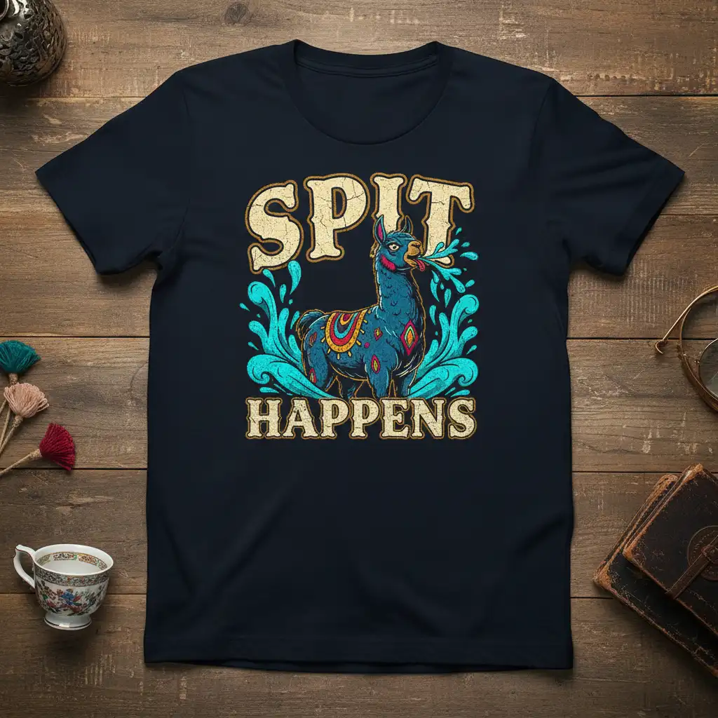 Spit Happens llama t-shirt design with a blue llama spitting water and distressed text elements