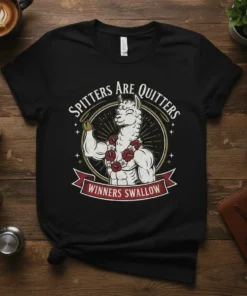 Funny llama t-shirt with text "Spitters Are Quitters Winners Swallow" and muscular body graphic