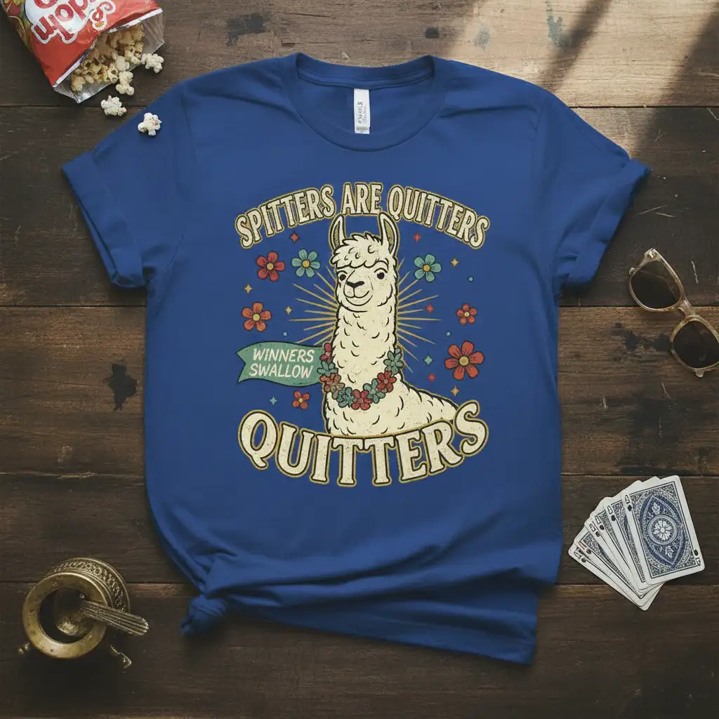 Blue t-shirt featuring the funny quote Spitters Are Quitters Winners Swallow Quitters with a cartoon llama graphic