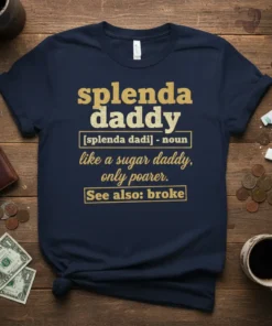 Splenda Daddy definition t-shirt with gold text: 'splenda daddy like a sugar daddy, only poorer. See also: broke.'