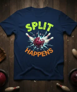 Split Happens bowling t-shirt design with a bowling ball smashing pins and the words Split Happens in bold letters