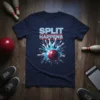 Split Happens bowling t-shirt with a red bowling ball hitting pins, featuring bold white and red text