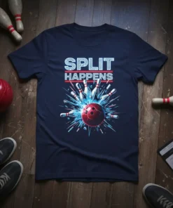 Split Happens bowling t-shirt with a red bowling ball hitting pins, featuring bold white and red text