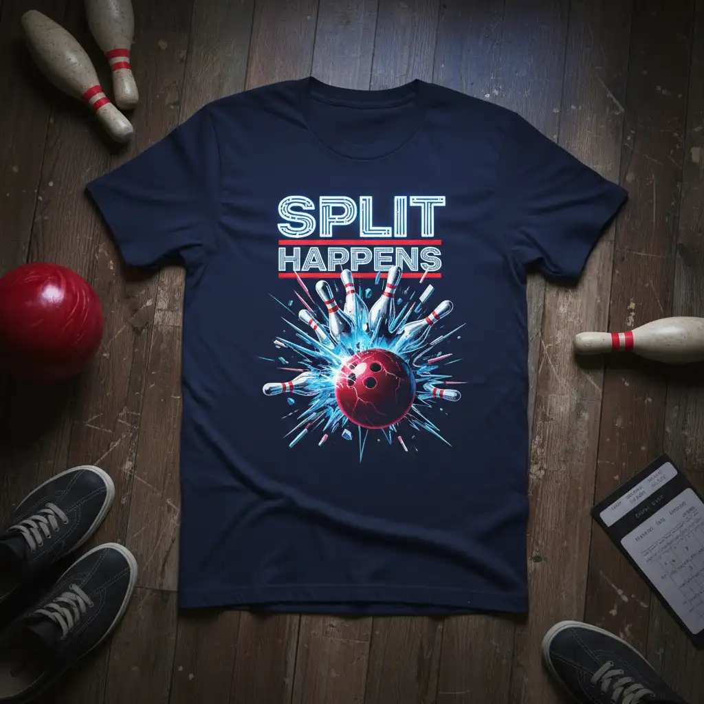Split Happens bowling graphic t-shirt with dynamic pins and ball explosion design