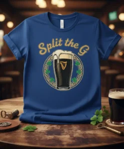 Split the G t-shirt featuring a glass of Guinness stout surrounded by shamrocks and Celtic knot design