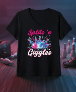 Splits 'n Giggles text with a cartoon bowling ball and pins graphic on a black t-shirt
