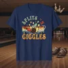 Splits 'N Giggles text with retro stripes and bowling ball hitting pins graphic on a navy t-shirt