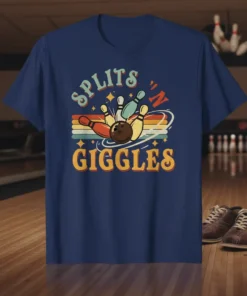 Splits 'N Giggles text with retro stripes and bowling ball hitting pins graphic on a navy t-shirt