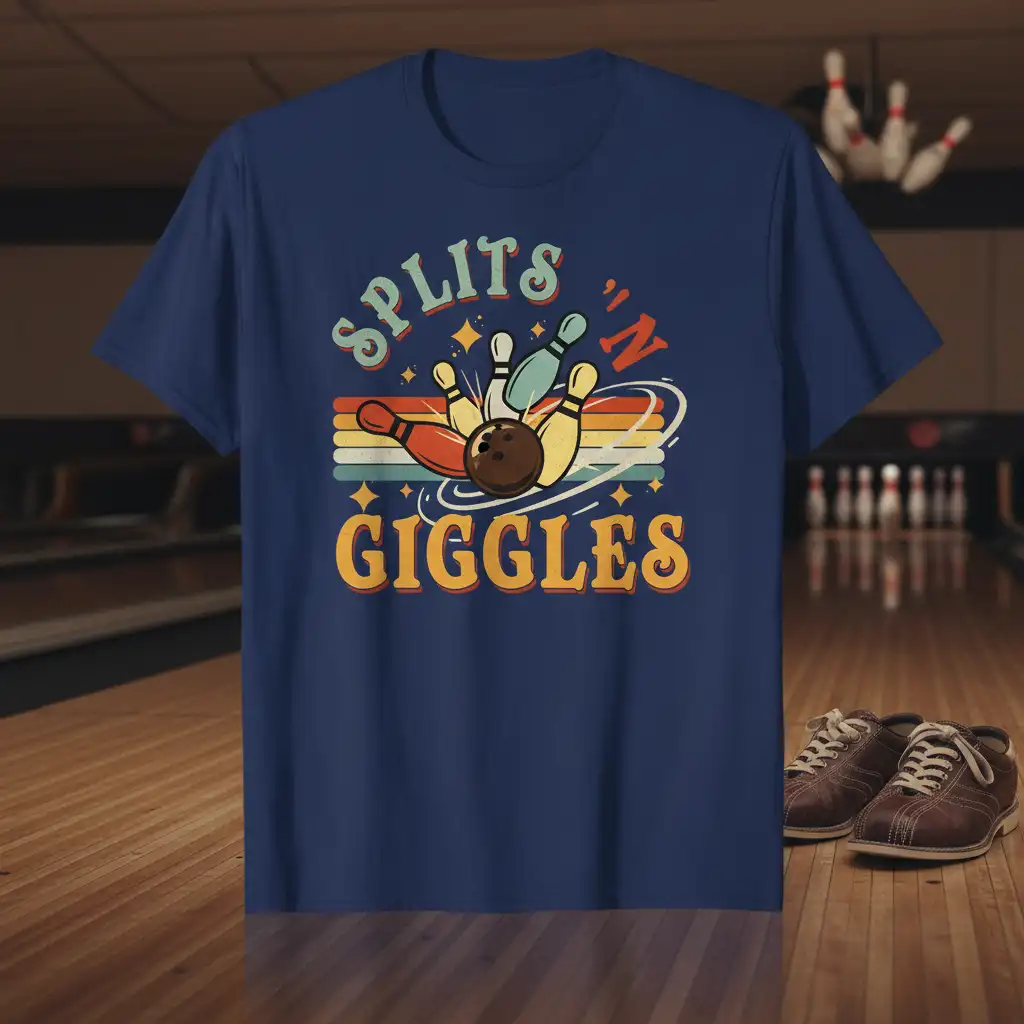 Splits 'N Giggles funny bowling quote with retro graphic design on apparel