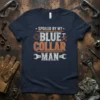 Navy blue t-shirt with white and orange text: "Spoiled By My Blue Collar Man" and wrench graphics