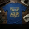 Spoiler Alert: I Don't Care text with a golden dragon graphic on a blue t-shirt