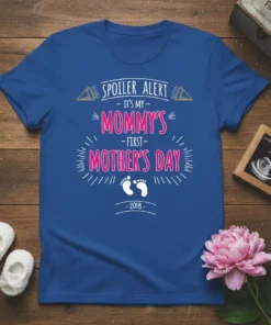Spoiler Alert It's My Mommy's First Mother's Day t-shirt with pink text and baby footprints graphic