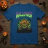 Scary HALLOWEN pumpkin t-shirt design with glowing green eyes and dripping purple and green text