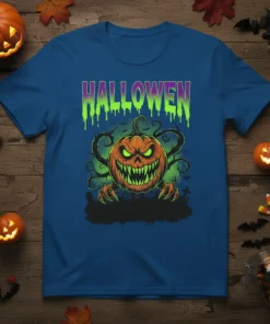 Scary HALLOWEN pumpkin t-shirt design with glowing green eyes and dripping purple and green text