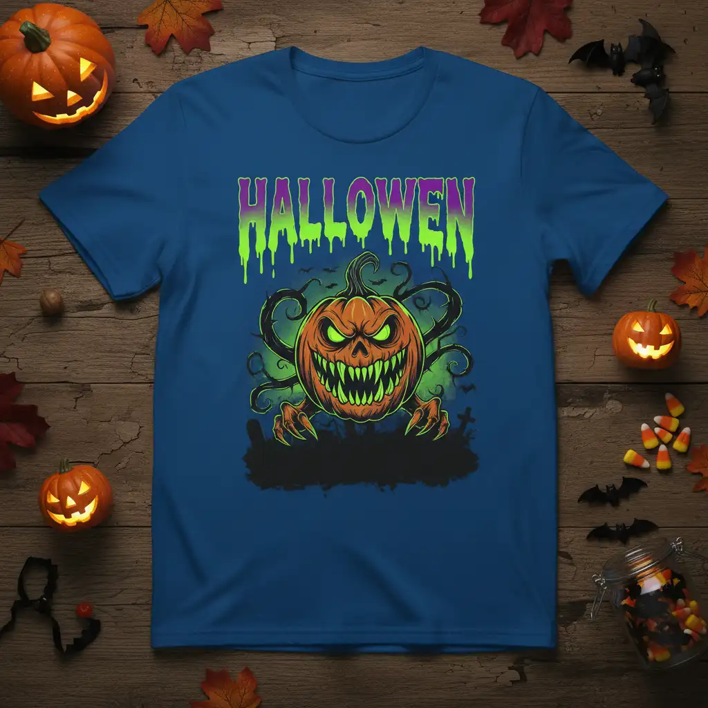 Menacing HALLOWEN pumpkin graphic with dripping neon text, ideal for spooky season apparel