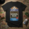 Spooky's Washable No Run School Glue design on a black t-shirt with ghost graphic and #1 Teacher Brand label