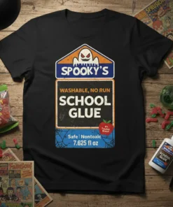 Spooky's Washable No Run School Glue design on a black t-shirt with ghost graphic and #1 Teacher Brand label