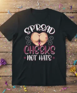 Spread Cheeks Not Hate funny adult humor graphic tee with heart-shaped illustration