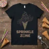 Black t-shirt with "SPRINKLE ZONE" text and a colorful ice cream cone graphic, featuring rainbow sprinkles and a donut