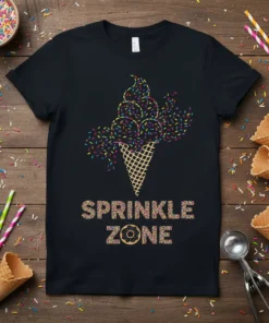 Black t-shirt with "SPRINKLE ZONE" text and a colorful ice cream cone graphic, featuring rainbow sprinkles and a donut