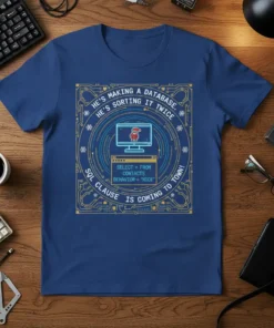 T-shirt design with text "HE'S MAKING A DATABASE, HE'S SORTING IT TWICE. SELECT * FROM CONTACTS BEHAVIOR = "NICE". SQL